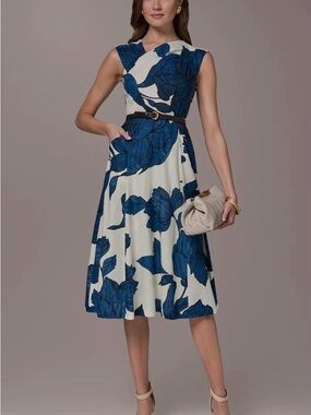 Donna Karan Blue Floral Midi Dress on Cream